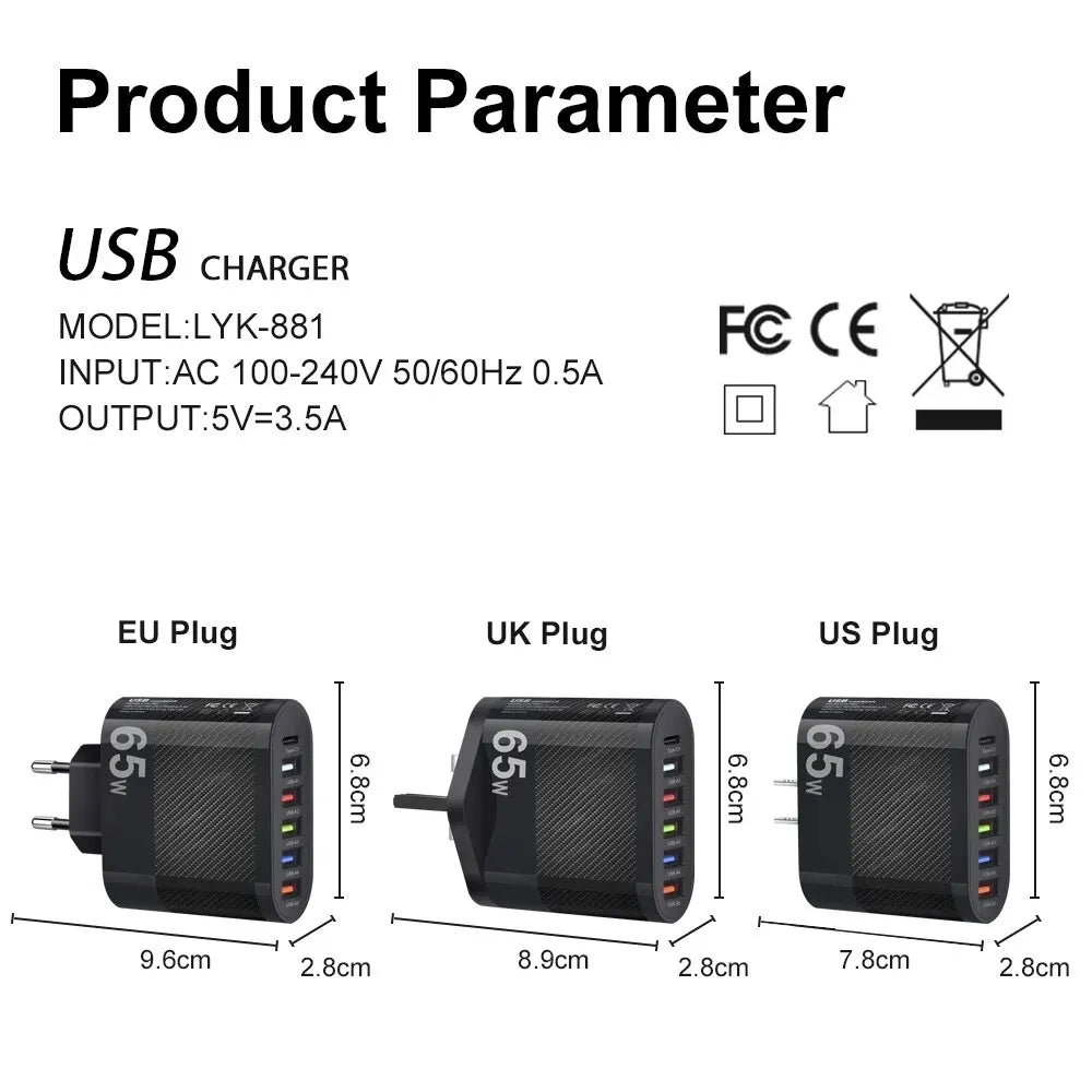 3.1A 5Ports USB Charger PD Charging Adapter Wall Charger